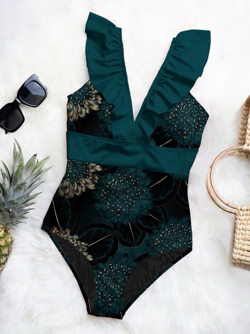 Averie Nori Retro Floral One-Piece Swimsuit Teal Black Ruffle Size L